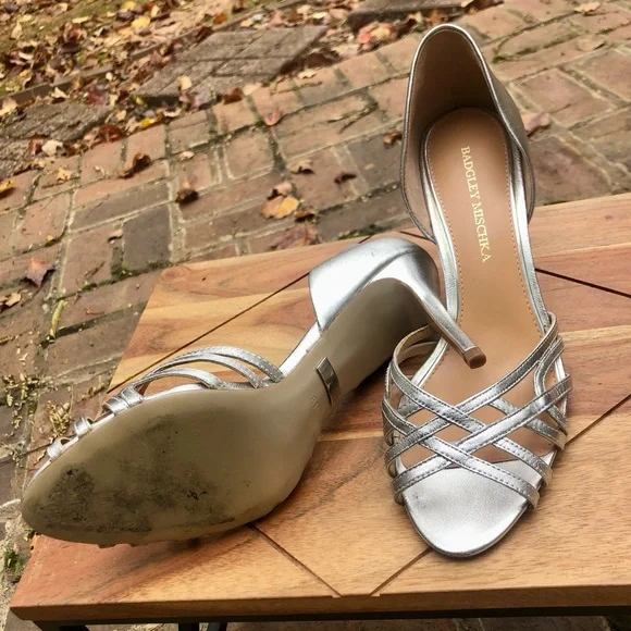 Badgley Mischka Silver High Heel Sandals | Size 8M - Picture 7 of 9